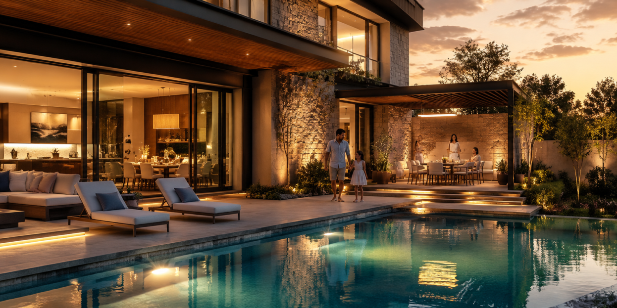 Construction Companies Adelaide - Modern home with pool at sunset